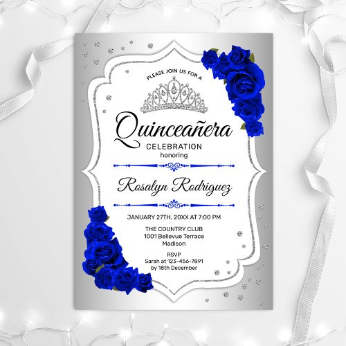 Quinceanera _ Silver White Royal Blue Invitation