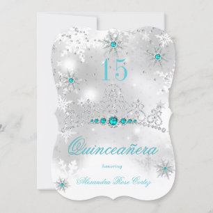 Quinceanera Silver White Teal Blue Pearl Snowflake Invitation