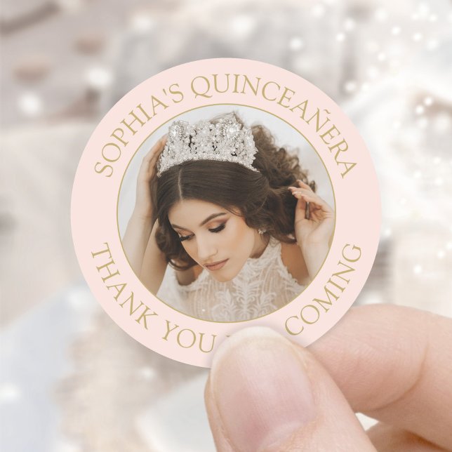 Quinceañera Simple Photo Blush Pink Gold Thank You Classic Round Sticker (Creator Uploaded)