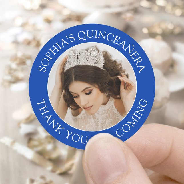 Quinceañera Simple Photo Royal Blue Thank You Classic Round Sticker (Creator Uploaded)