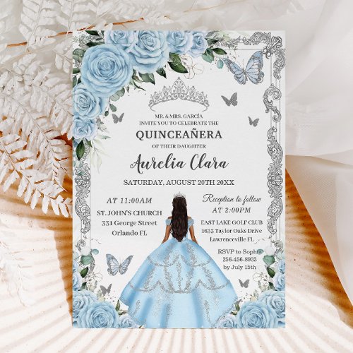 Quinceaera Sky Blue Floral Dress Princess Silver Invitation