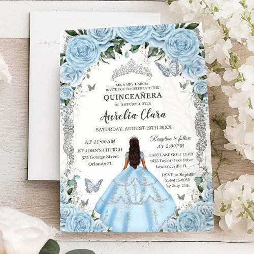 Quinceaera Sky Blue Floral Gown Princess Silver Invitation