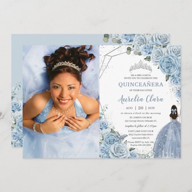 Quinceañera Soft Baby Blue Floral Princess 15 Años Invitation (Front/Back)