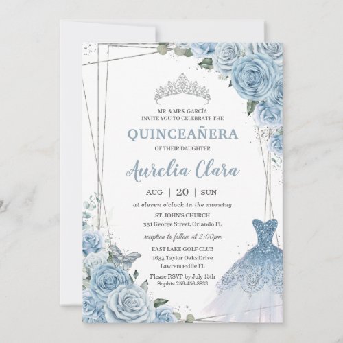 Quinceaera Soft Baby Blue Floral Roses Dress Gown Invitation