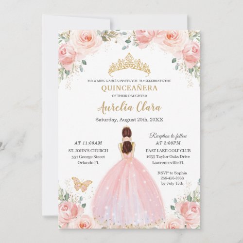 Quinceaera Soft Blush Floral Butterflies Princess Invitation