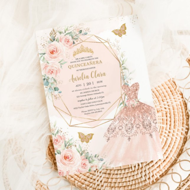 Quinceañera Soft Blush Floral Dress Butterflies Invitation (Creator Uploaded)