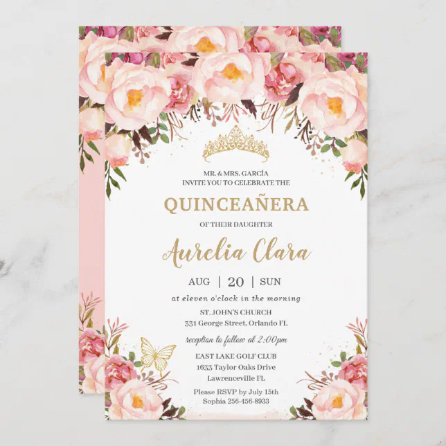 Quinceañera Soft Blush Floral Gold Tiara Butterfly Invitation | Zazzle