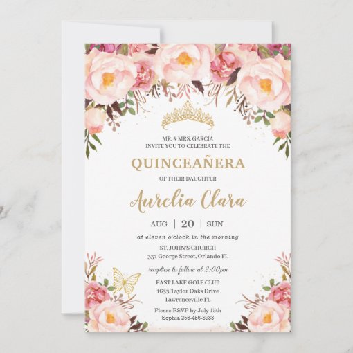 Quinceañera Soft Blush Floral Gold Tiara Butterfly Invitation | Zazzle