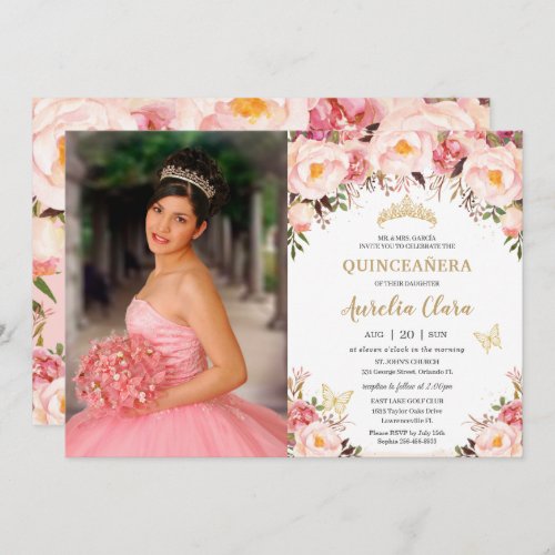 Quinceaera Soft Blush Floral Gold Tiara Butterfly Invitation