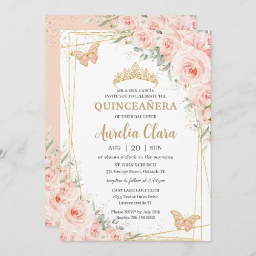 Quinceaera Soft Blush Floral Roses Butterflies Invitation