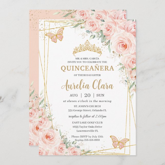 Quinceañera Soft Blush Floral Roses Butterflies Invitation (Front/Back)