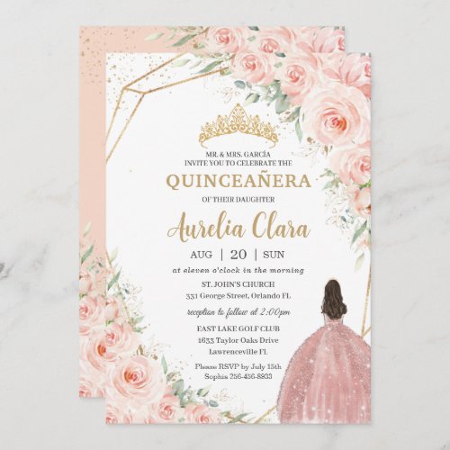 Quinceaera Soft Blush Floral Roses Flowers Crown Invitation