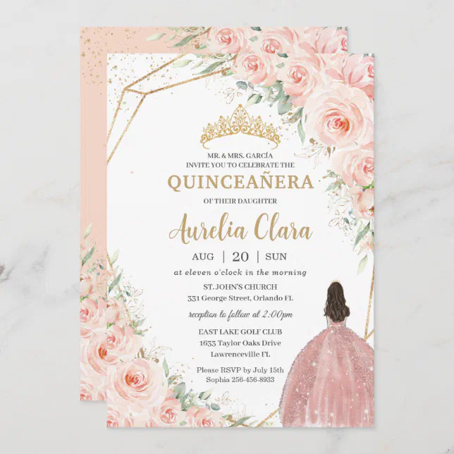 Quinceañera Soft Blush Floral Roses Flowers Crown Invitation | Zazzle