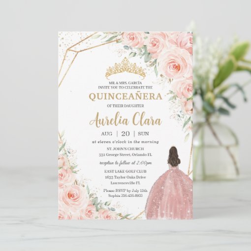 Quinceañera Soft Blush Floral Roses Flowers Crown Invitation | Zazzle