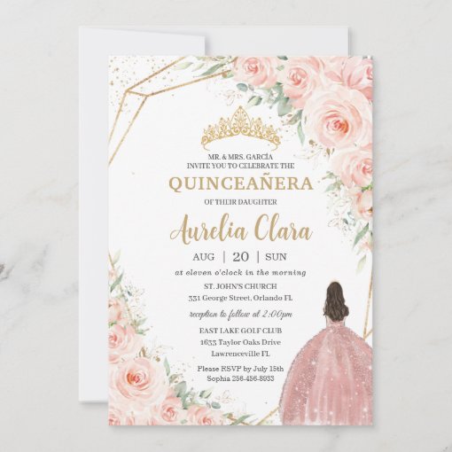 Quinceañera Soft Blush Floral Roses Flowers Crown Invitation 