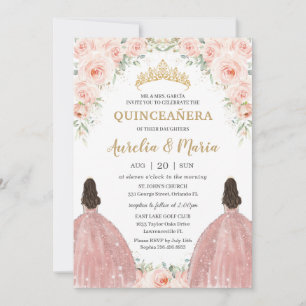Quinceañera Soft Blush Floral Roses Flowers Twins Invitation