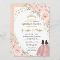 Quinceañera Soft Blush Floral Roses Flowers Twins Invitation