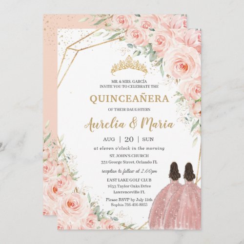 Quinceaera Soft Blush Floral Roses Flowers Twins Invitation