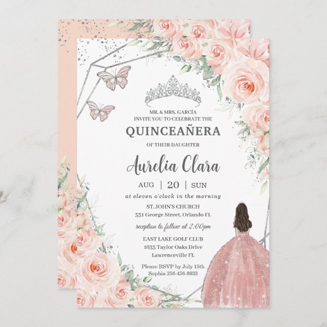 Quinceañera Soft Blush Floral Roses Silver Crown Invitation (Front/Back)