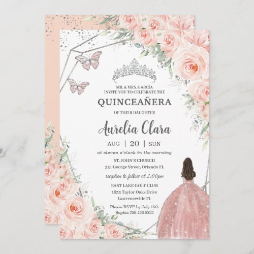 Quinceaera Soft Blush Floral Roses Silver Crown Invitation