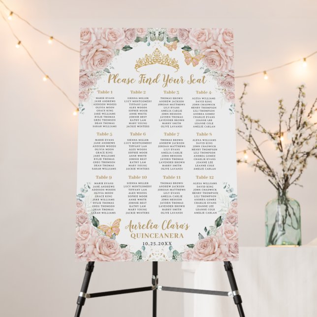 Quinceanera Soft Blush Pink Floral Seating Chart Foam Board (In Situ (Stand))