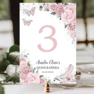 Quinceañera Soft Pink Floral Princess Cinderella Table Number