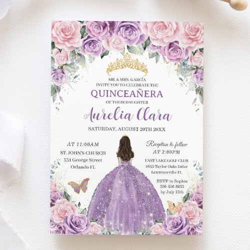 Quinceaera Soft Purple Lilac Pink Floral Princess Invitation