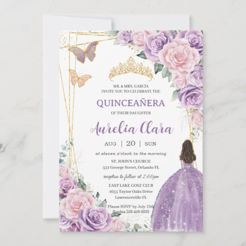 Quinceaera Soft Purple Lilac Pink Floral Princess Invitation
