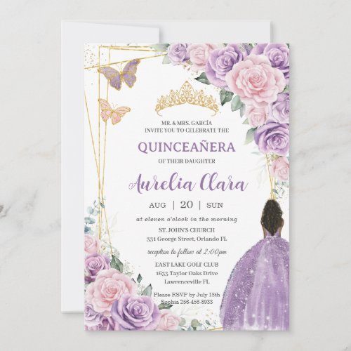Quinceaera Soft Purple Pink Floral Brown Princess Invitation