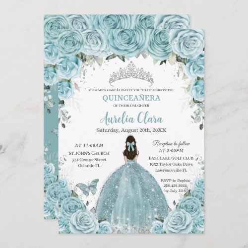 Quinceaera Soft Turquoise Floral Silver Crown Invitation