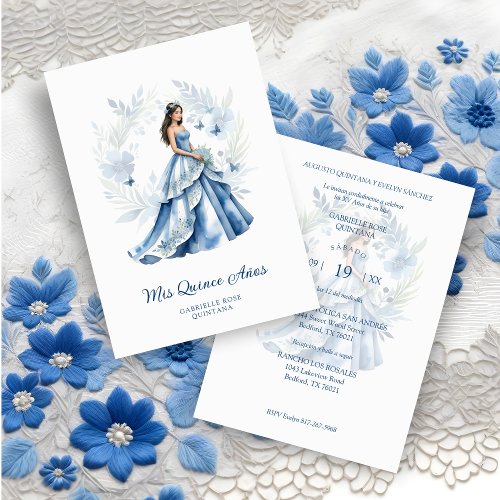 Quinceaera Sophisticated Blue Floral Garland Invitation