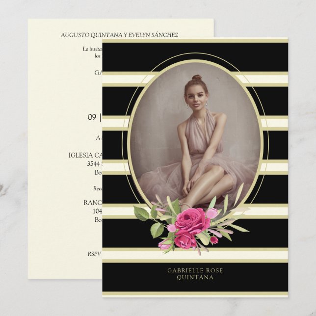 Quinceañera Sophisticated Floral Garland Photo Invitation (Front/Back)
