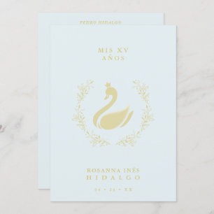 Quinceañera Spanish Blue & Gold Romantic Swan Invitation