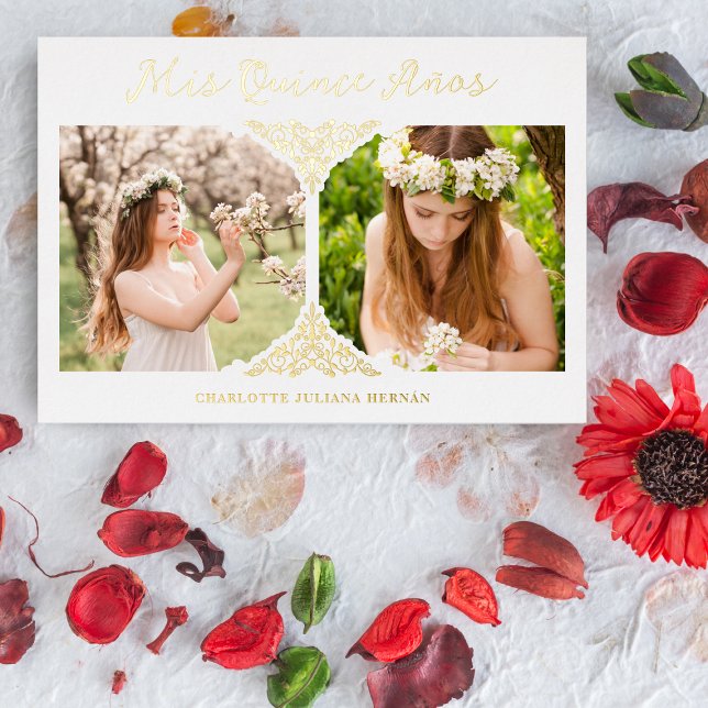 Quinceañera Spanish Fancy Flourish Effect 2 Photos Foil Invitation (Creator Uploaded)