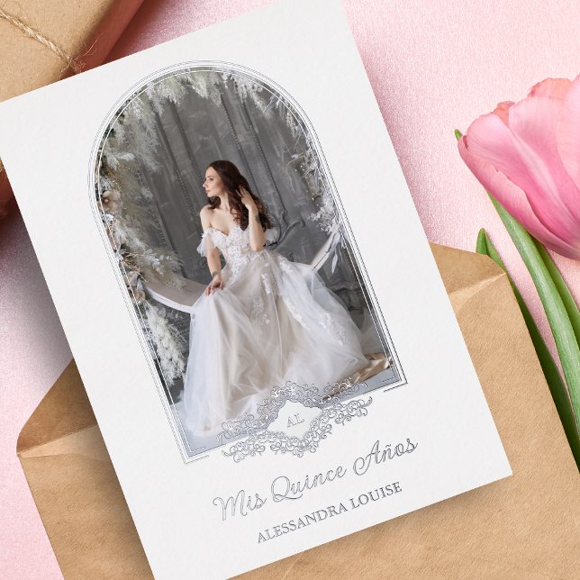Quinceañera Spanish Fancy Silver Arch Effect Photo Foil Invitation (Creator Uploaded)