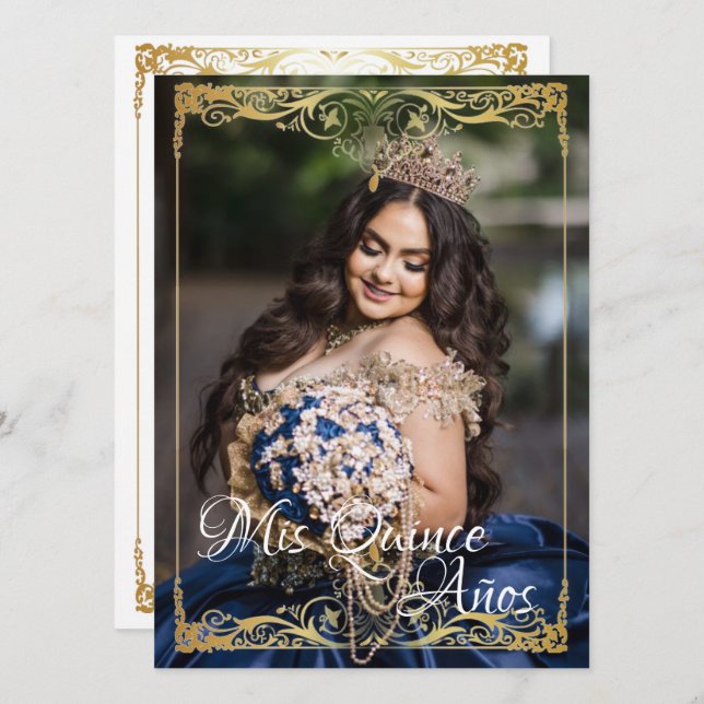 Quinceañera Spanish Mis Quince White Gold Photo Invitation (Front/Back)