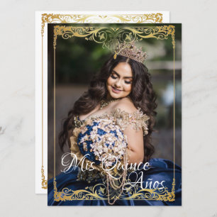 Quinceañera Spanish Mis Quince White Gold Photo Invitation