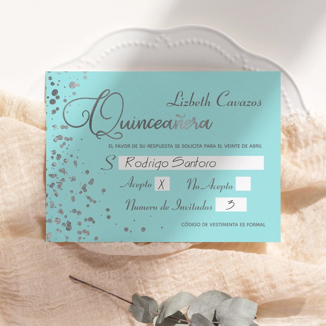 Quinceanera Spanish Response Card Blue Silver RSVP (Creator Uploaded)