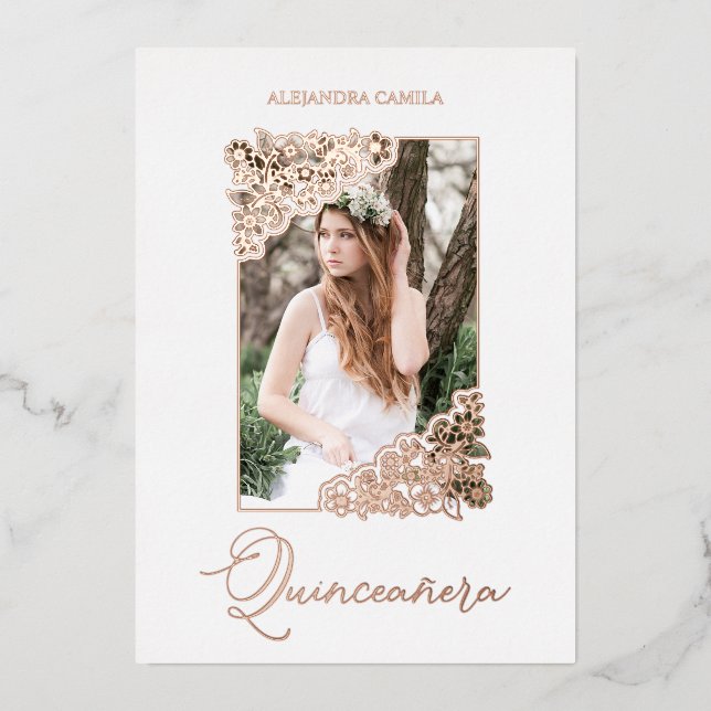 Quinceañera Spanish Romantic Floral Frame Photo Foil Invitation (Front)