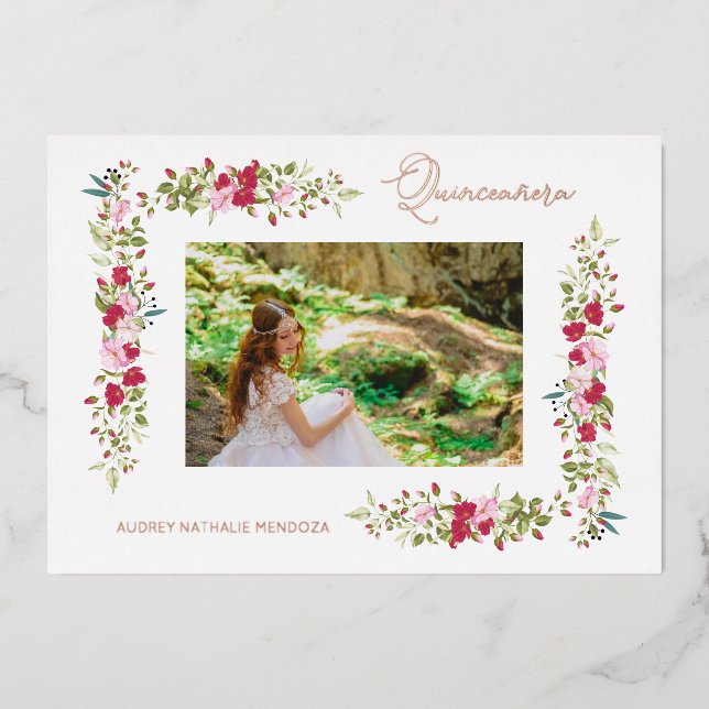 Quinceañera Spanish Whimsical Typography Flowers Foil Invitation (Front)