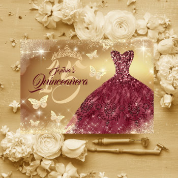 Quinceanera Sparkle Gold Burgundy Dress  Invitation by LittleBayleigh at Zazzle