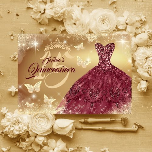 Quinceanera Sparkle Gold Burgundy Dress  Invitation