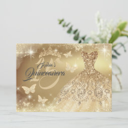 Quinceanera Sparkle Gold Butterfly Dress Invitation | Zazzle