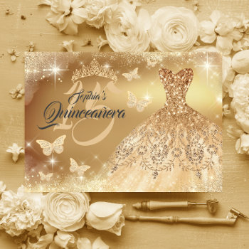 Quinceanera Sparkle Gold Butterfly Dress  Invitation by LittleBayleigh at Zazzle