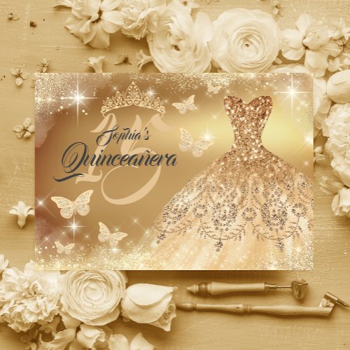 Quinceanera Sparkle Gold Butterfly Dress  Invitation