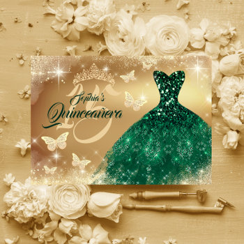 Quinceanera Sparkle Gold Emerald Dress  Invitation by LittleBayleigh at Zazzle