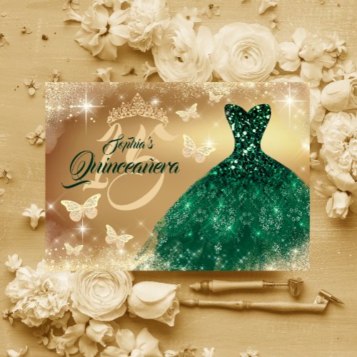 Quinceanera Sparkle Gold Emerald Dress  Invitation