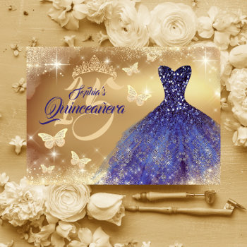 Quinceanera Sparkle Gold Navy Dress  Invitation by LittleBayleigh at Zazzle