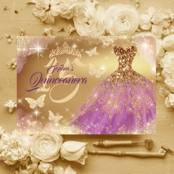 Quinceanera Sparkle Gold Purple Dress  Invitation by LittleBayleigh at Zazzle