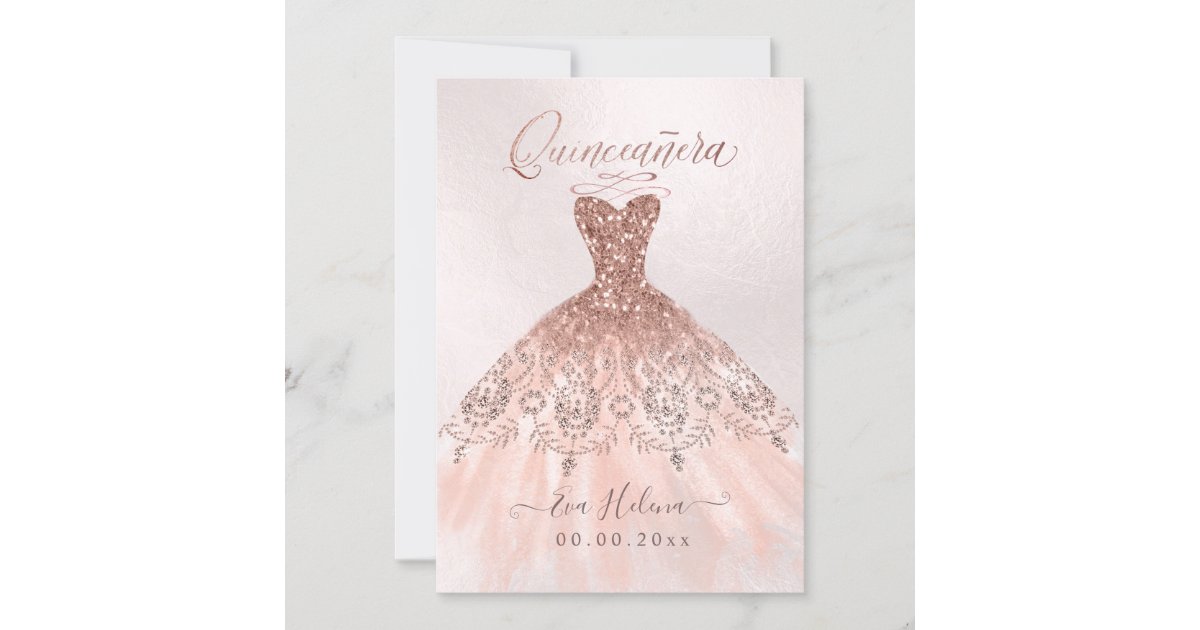 Quinceañera, Sparkle Gown, Faux Rose Gold cards | Zazzle